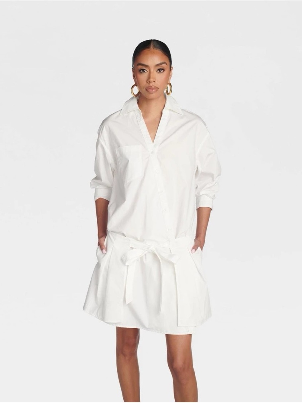 Crisp White Midi Shirt Dress with Waist Tie b212